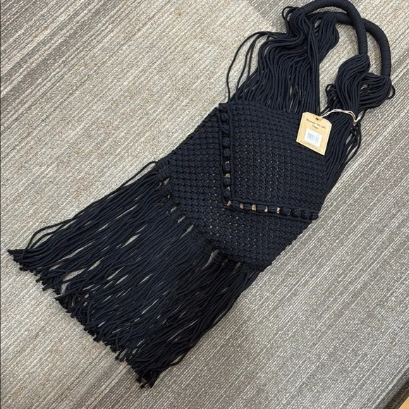 Magid Black Macrame Tote Fringe Shoulder Bag - Picture 2 of 6
